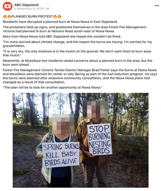 Facebook, Nowa Nowa, prescribed burns protest, deleted story.