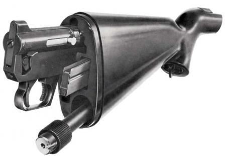  Original AR-7"Explorer" survival rifle, with parts partially inserted into the polymer stock. For compact storage and transportation parts are fully inserted into appropriate compartments in the stock and then closed by detachable rubber buttplate.